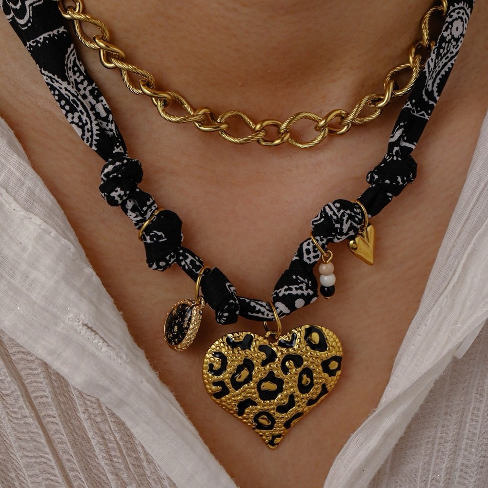 Gold Leopard Heart Pendant Necklace with Black Band